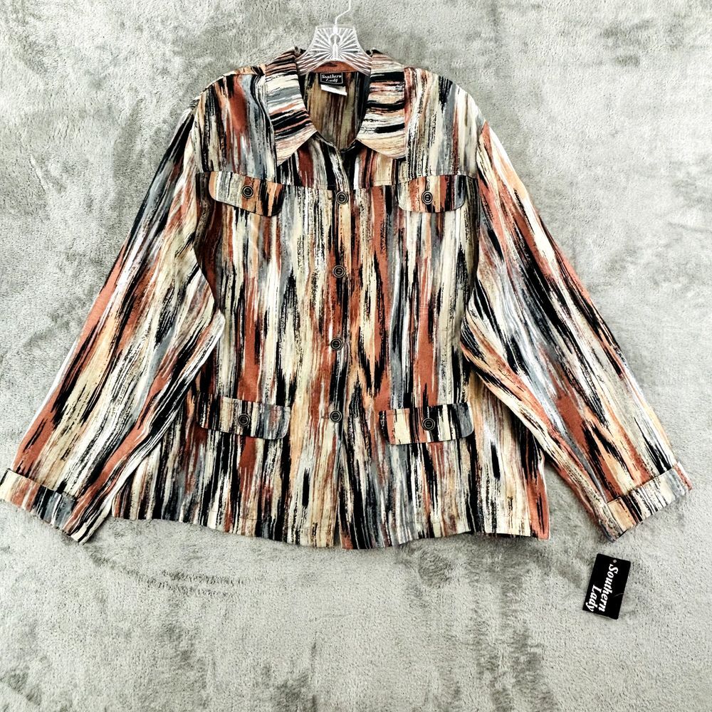 Southern Lady Button Front Blouse Womens 20W Gray Black Metallic Long Sleeve NWT